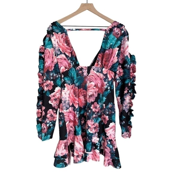 NEW ASOS Plunge Frill Sleeve Mini Dress in Pink and Blue Rose‎ Floral Size 12 - Picture 2 of 14